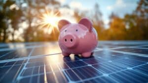 Pink piggybank on top of solar panels with sunlight and nature background