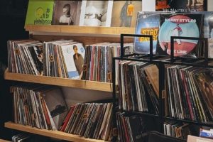 Cozy Vinyl Record Store with Albums on Display