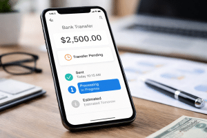 Mobile banking app showing pending bank transfer and processing timeline