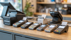 The image showcases a modern retail store environment with a neatly arranged variety of credit card terminals, including wired, wireless, and mobile options.