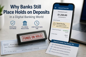 Illustration showing why banks place holds on deposits in a digital banking world, including pending deposits, available balance, and bank verification.