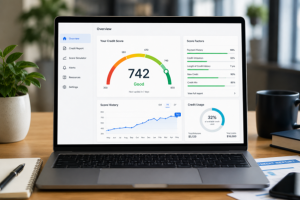 Credit monitoring dashboard on a laptop showing a 742 'Good' credit score, payment history, and credit utilization, illustrating how debt consolidation can impact your credit.